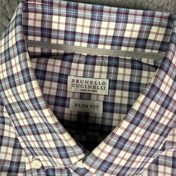 Brunello Cucinelli Slim Fit Button Shirt Mens M Red Blue Plaid Italy Dress - Picture 3 of 13